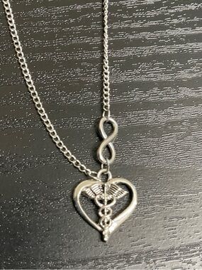 Silver-tone Heart Caduceus Necklace - Medical Staff Pendant